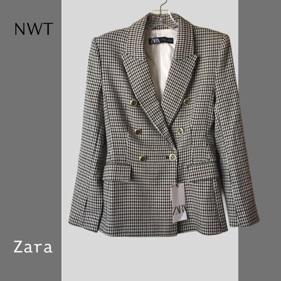 Zara Jackets & Blazers - NEW NWT Zara Double-breasted Black and White Houndstooth Blazer, Sz S